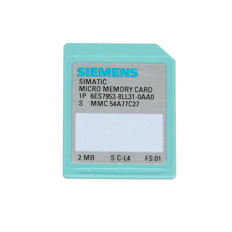 Siemens Micro Memory Card 2 MB for use with SIMATIC S7-300, C7, and ET 200 automation systems, Flash-EPROM technology.