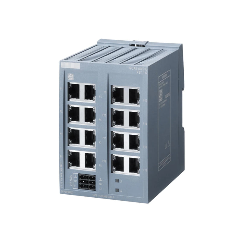 Siemens SCALANCE XB116 Industrial Ethernet switch with 16 RJ45 ports and compact dimensions