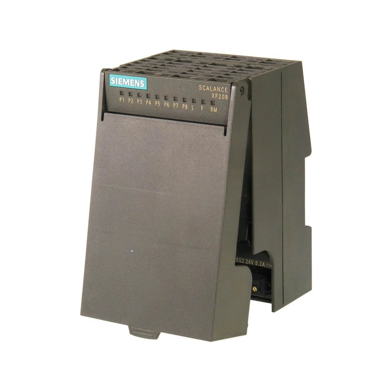 Siemens SCALANCE XB208 switch with 8 RJ45 ports for industrial networks, ensuring robust data transmission.