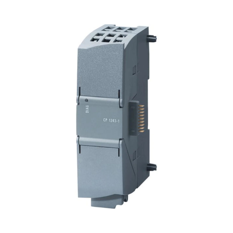 Siemens CP 1243-1 module connects S7-1200 PLCs using secure and efficient Ethernet communication for industrial use.