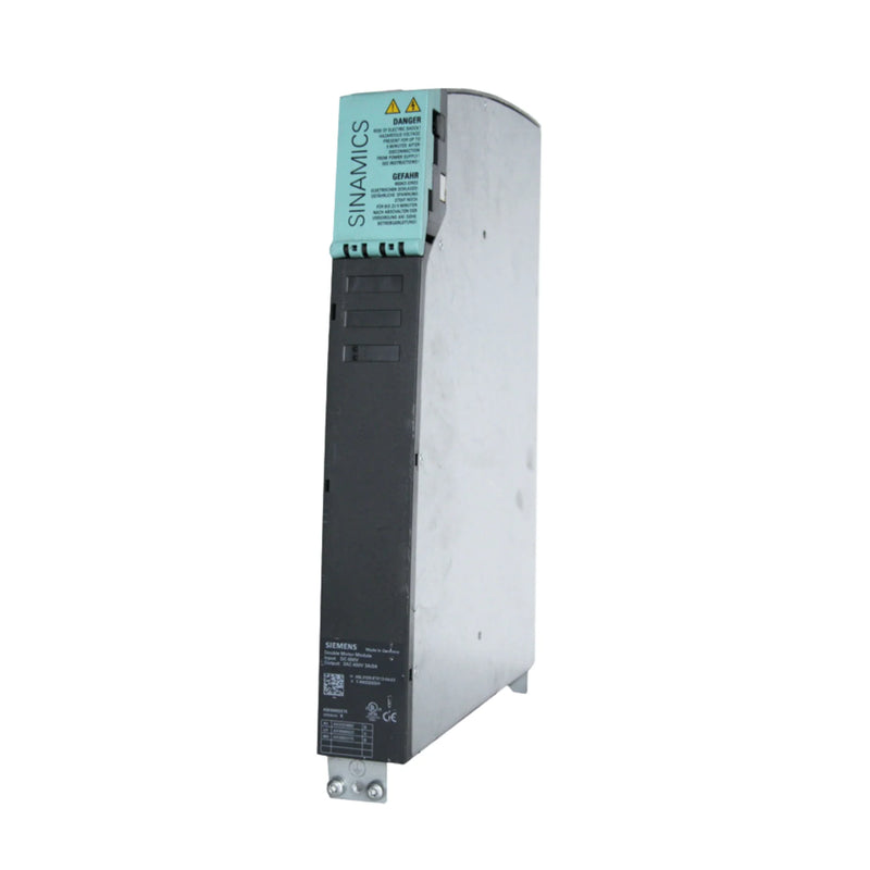 Siemens 6SL3120-2TE13-0AA3 SINAMICS module with 30A output, 600V DC, supports dual motors in industrial systems.