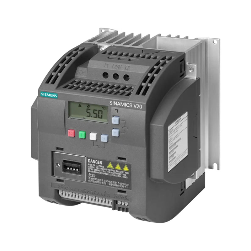 Compact Siemens PM240-2, 18.5 kW, SINAMICS S120 power module with built-in braking chopper for efficient control.