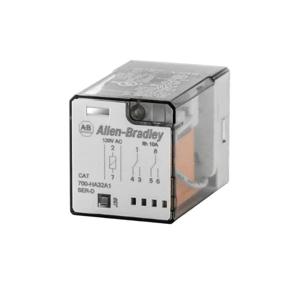 Allen-Bradley relay 700-HA32A1, DPDT, 10 Amp, 120V AC 50/60Hz, industrial control application.