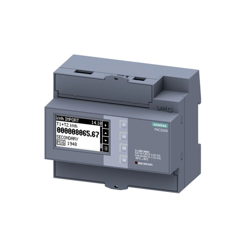 Siemens 7KM2200-2EA30-1EA1 meter with LCD, 3-phase, 5A, Modbus RTU, DIN rail mount, IP20.