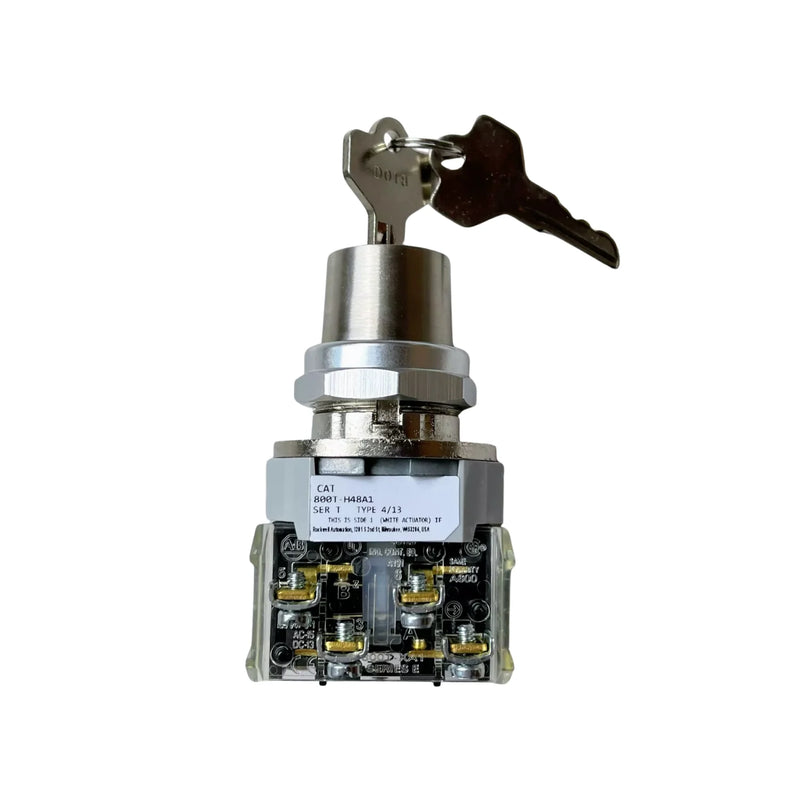 Allen-Bradley 800T-H48A 30.5mm 2-position cylinder lock selector for industrial use, key-operated control switch.