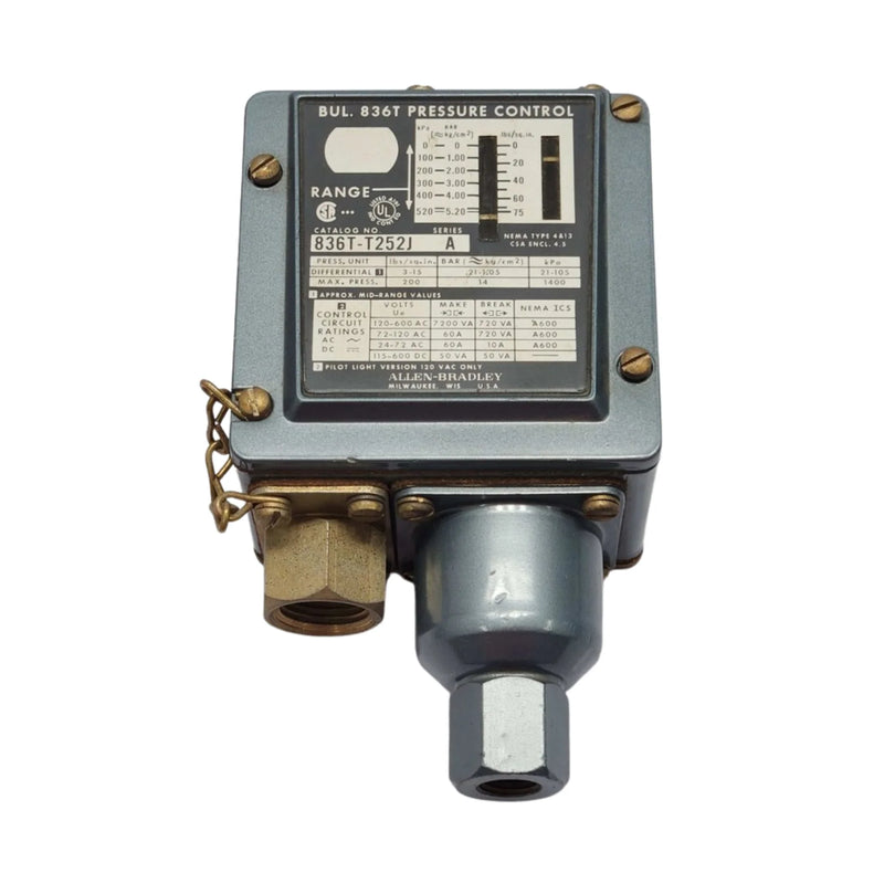 Pressure switch by Allen-Bradley, 836T-T252J model, 10–150 PSI, SPDT contact, in NEMA 4/13 housing