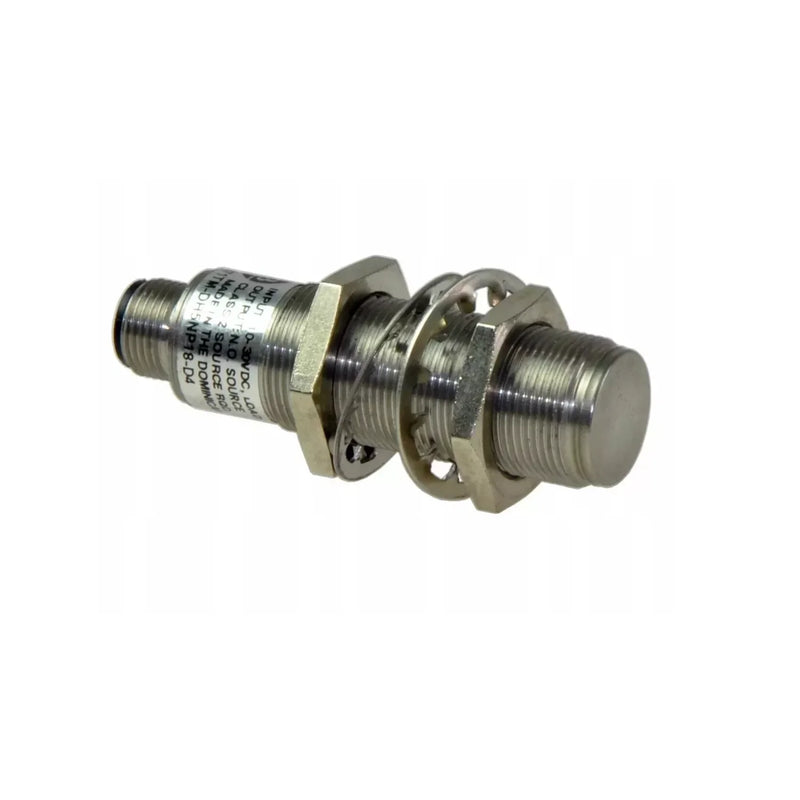 Allen-Bradley 18mm proximity sensor, 5mm sensing, durable steel, N.O. PNP output, Micro QD connector.