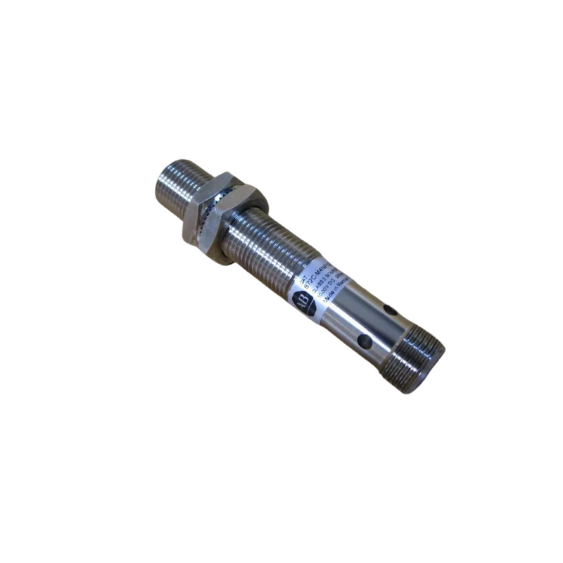 Allen-Bradley proximity sensor, 872C-M4NP12-D4, 12mm diameter, 4mm range, shielded, nickel-plated brass, PNP output.