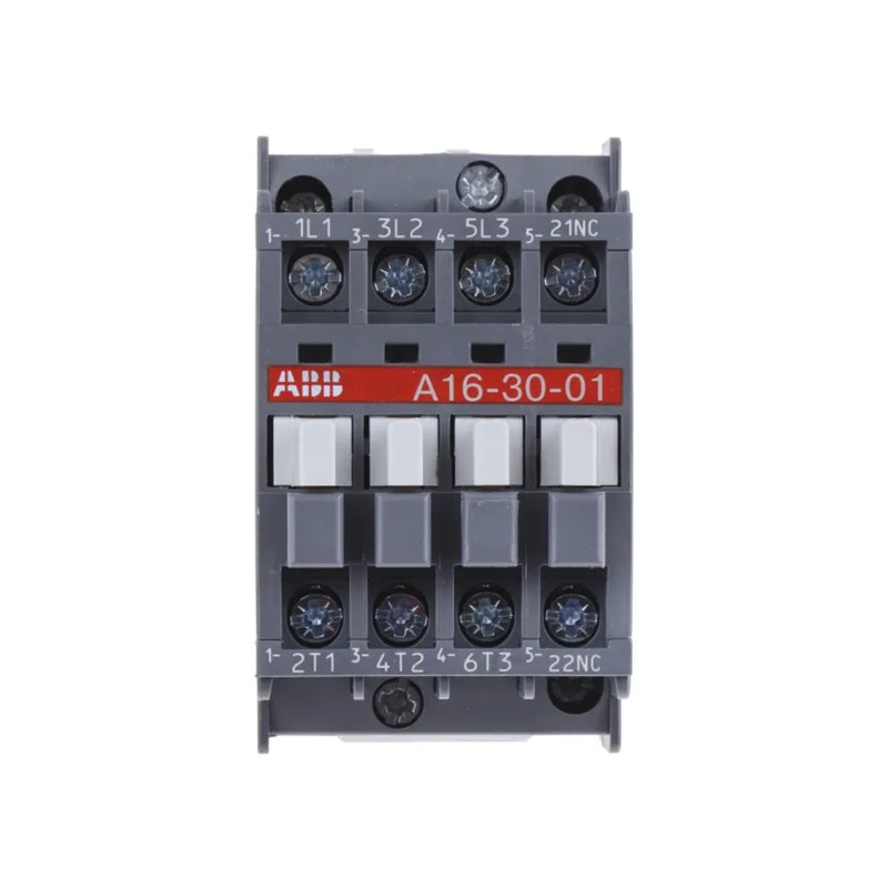 ABB A16-30-01 three-pole contactor, rated 16A, with 24V AC coil, used in industrial applications.
