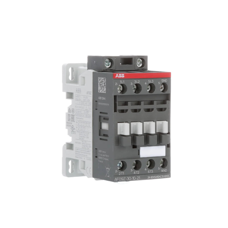ABB AF09Z-30-10-21 contactor, 3-pole design, controls motors, built-in auxiliary contact, industrial applications.