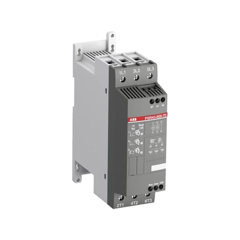 ABB PSR45-600-70 compact softstarter, 45 A, 208–600 V AC, with bypass and adjustable ramps. Ideal for motors and conveyors.