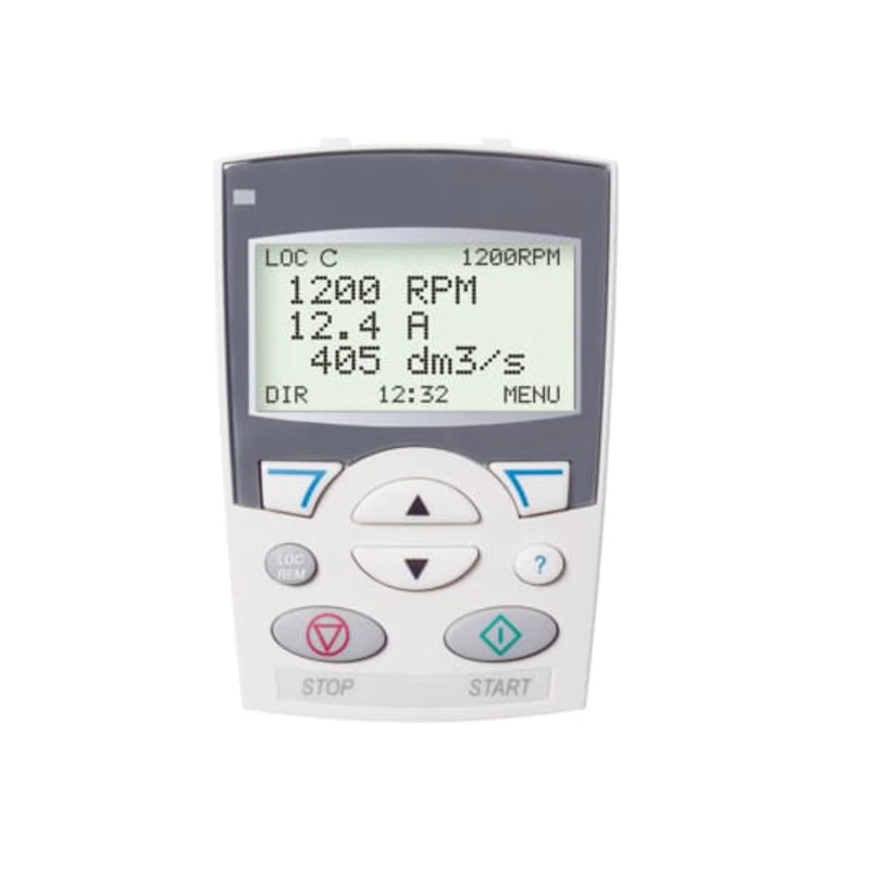 ABB ACS-CP-A panel with multilingual display for setup, diagnostics, and control of ABB ACS drive series.