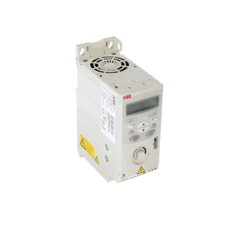 Compact ABB ACS150-01U-06A7-2 VFD 1.5 HP, 230 V, single-phase input with keypad for light industrial applications.