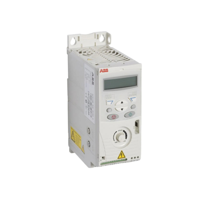 Compact 2 HP VFD from ABB with 4.1 A, IP20, integrated keypad, EMC filter, and chopper for motor control applications.