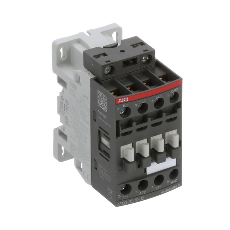 High-efficiency 3-pole contactor by ABB in industrial setting for motor control, 12V AC/DC, compliance and reliability.