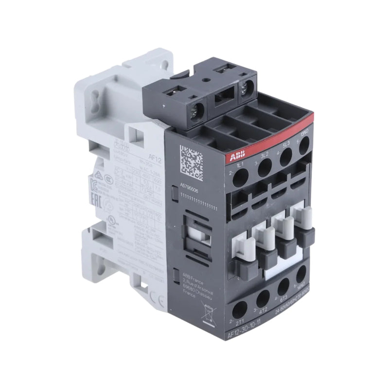 ABB AF12-30-10-11 contactor with 12A current, 24V coil, and advanced AF technology for industrial use.