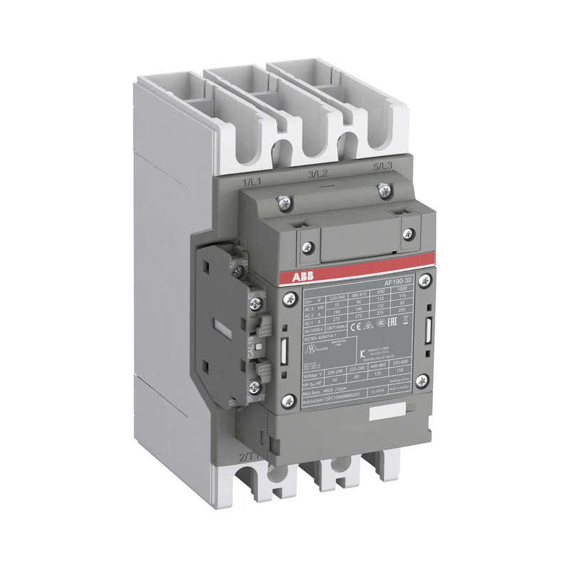 ABB AF190-30-11-13 contactor, 190A, 3-Pole, 100-250V AC/DC, ideal for industrial motor control and power switching.
