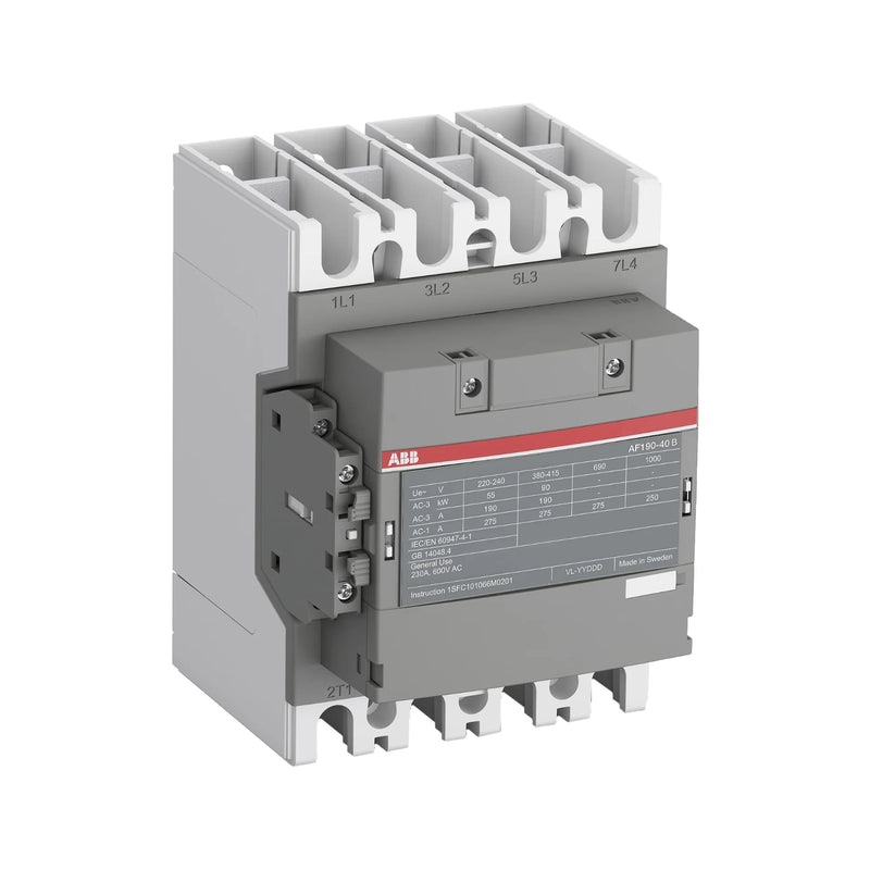 ABB AF190-40-11-13 3-pole contactor, 100-250V AC/DC coil, handles motors up to 90 kW at 400V AC
