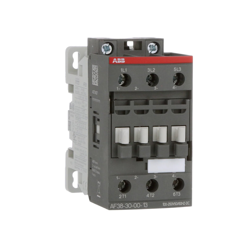 ABB AF38-30-00-13 contactor, 38A, 3-pole, 100-250V AC/DC coil for industrial motor control.