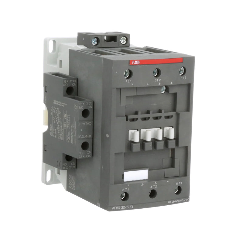 ABB AF80-30-11-13 contactor with 80A current, 3-pole, 1NO+1NC for motor and power controls industrial uses.