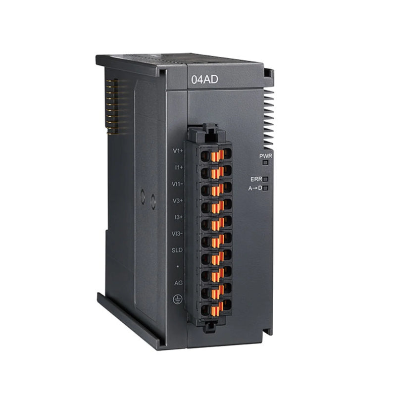Delta AS04AD-A 4-channel analog input module with ±10VDC/±20mA inputs, 16-bit resolution, for AS Series PLCs.