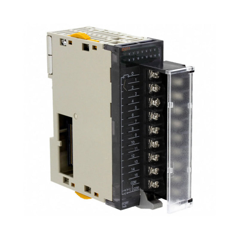 Omron CJ1W-ID211 16-point 24V DC input module for CJ series PLCs, ideal for industrial automation and process control.