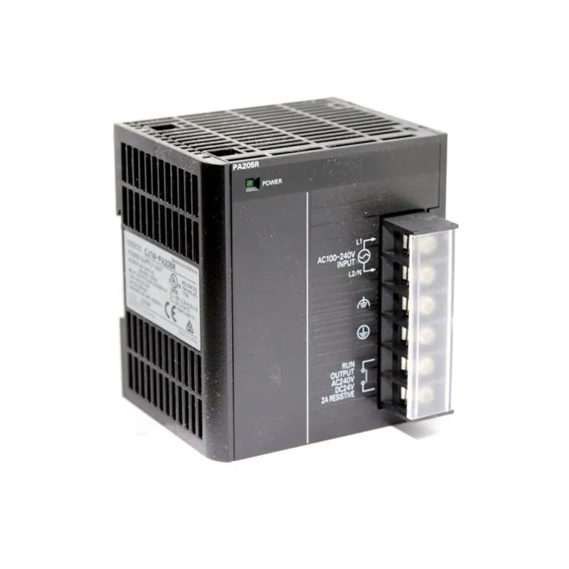 Omron CJ1W-PA205R power supply unit, 100–240V AC input, 5V/5A output with RUN relay, for CJ1 and CJ2 PLC systems. DIN rail mount.