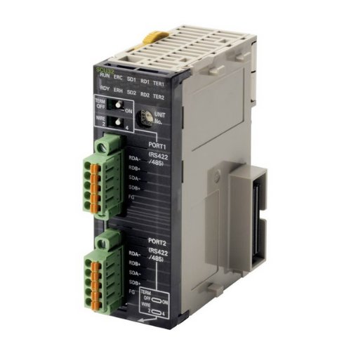 Omron CJ1W-SCU32 Serial Communications Unit with 2 RS-422/485 ports, supporting Protocol Macro and Modbus for CJ-Series PLCs.