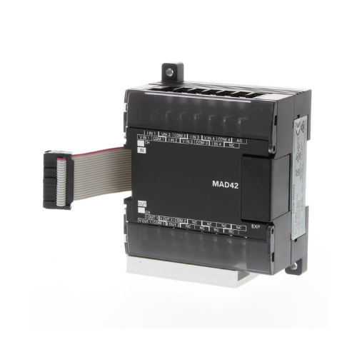 Omron CP1W-MAD42 analog I/O expansion module with 4 inputs and 2 outputs, 14-bit resolution, enhancing CP1 series PLCs with precise analog processing.