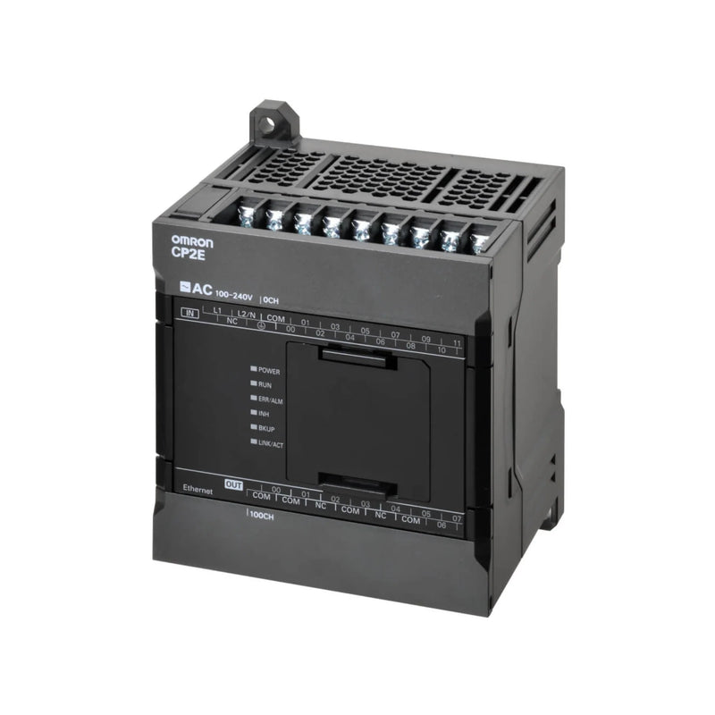 Omron CP2E-N14DT1-D compact PLC with 8 inputs, 6 PNP outputs, 24 VDC supply, and USB/RS-232C ports for basic automation control.