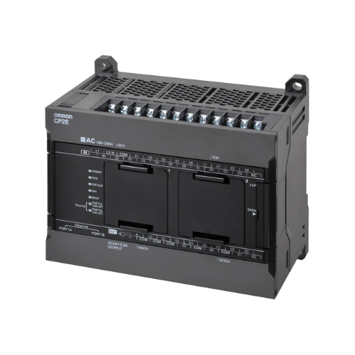 Omron CP2E-N30DT1-D compact PLC with 18 inputs, 12 PNP outputs, USB and RS-232C ports, and 24 VDC for general automation control.