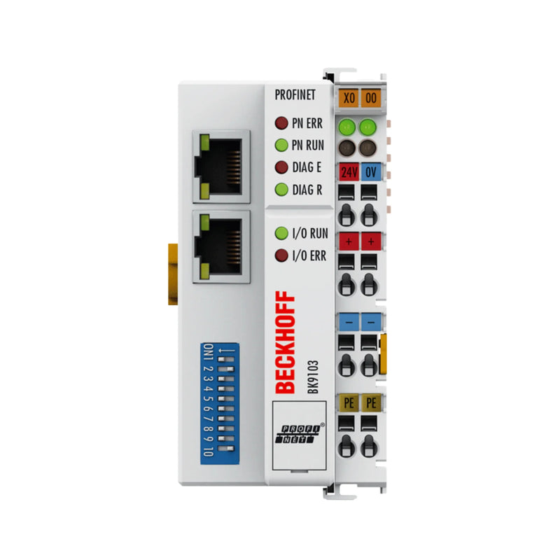 Compact Beckhoff CX7000 with ARM Cortex-M7, fanless design, EtherCAT, DIN-rail PLC, integrated I/O