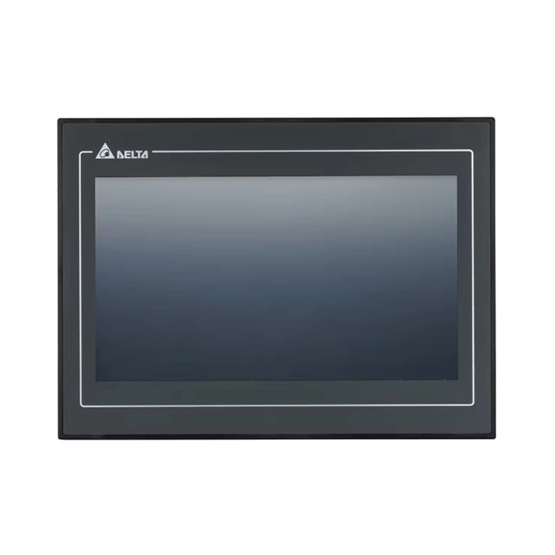 Delta DOP-107WV 7-inch widescreen HMI with 800x480 resolution, Ethernet, USB, and COM ports for industrial automation.
