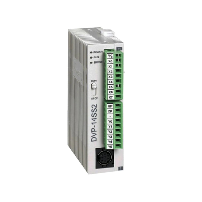 Delta DVP14SS211R PLC with 8 inputs and 6 relay outputs, compact 24VDC controller for small automation and control systems.