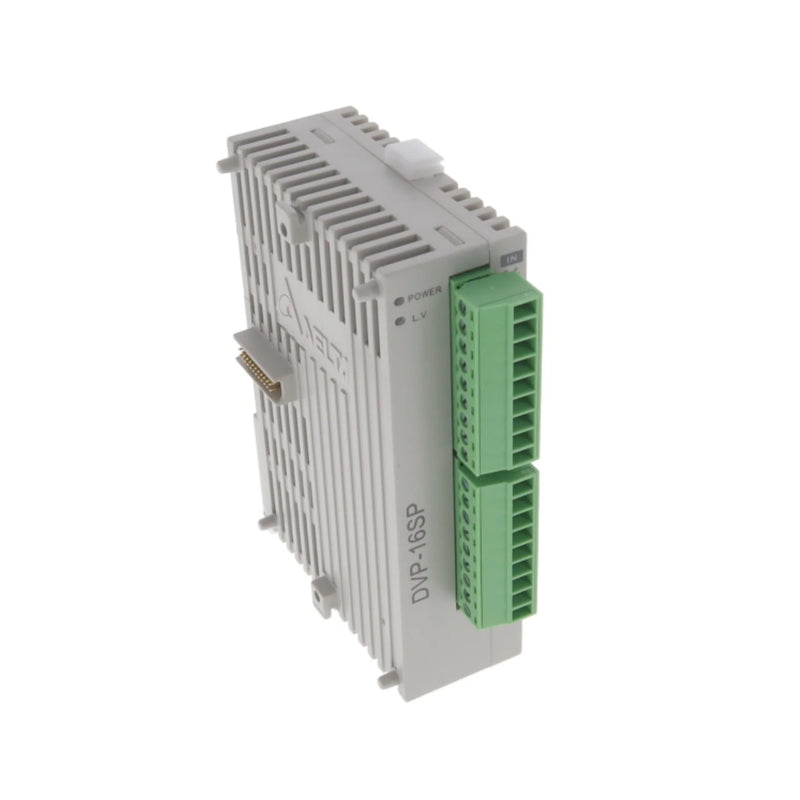 Delta DVP16SP11T 16-point digital I/O extension module with 8 inputs, 8 transistor outputs, 24V DC supply, and DIN rail mounting.