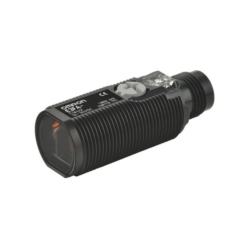 Omron E3FA-RP21 retro-reflective sensor, 4 m range, PNP output, 10–30 VDC supply, compact M18 housing for industrial automation use.