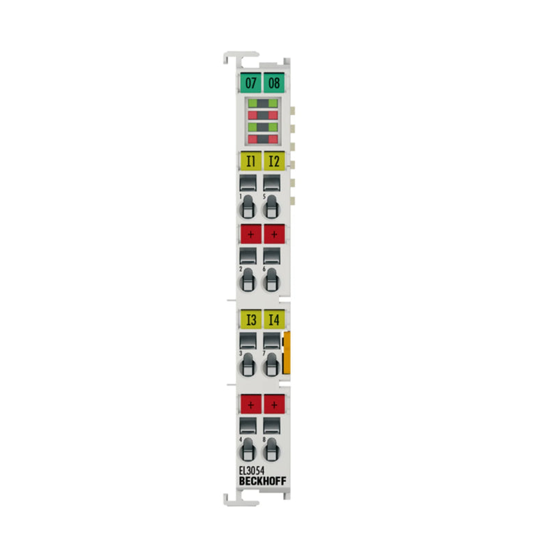 Beckhoff EL3054 4-channel analog input terminal with 12-bit resolution for precise voltage measurement in automation systems.