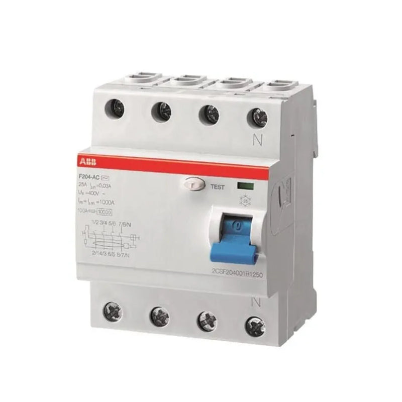 ABB F204 RCCB ensures safety against electric shocks and fire risks with reliable leakage current detection.