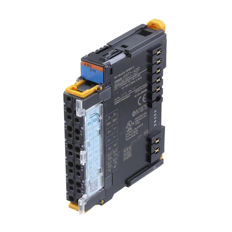 Omron GRT1-AD2 2-channel analog input module supporting voltage and current inputs for SmartSlice I/O systems in industrial automation.