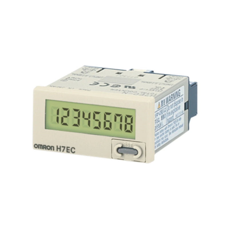 Omron H7EC-N 8-digit self-powered totalizing counter with LCD display, ideal for various industrial counting applications.