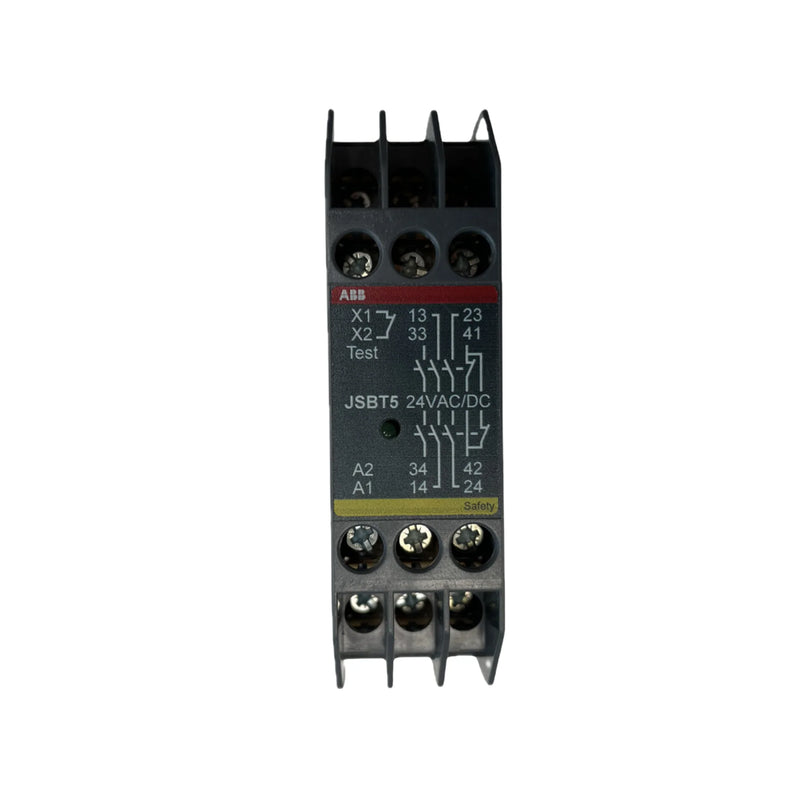 ABB JSBT5 dual-channel safety relay suitable for emergency stops, gate monitoring, and meeting safety standards.