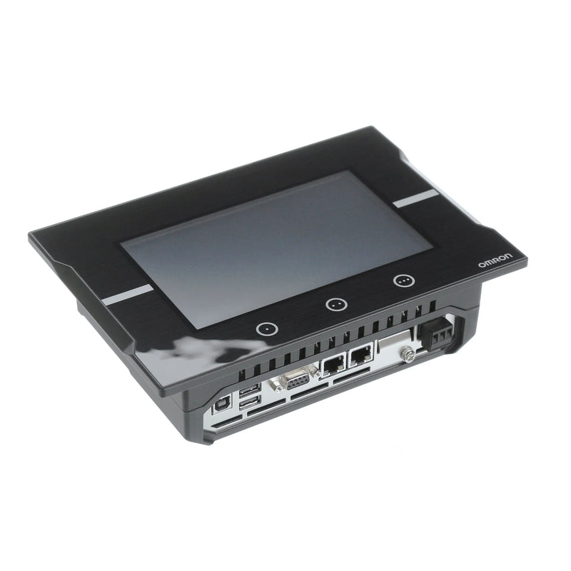Omron NA5-7W001B-V1 7-inch widescreen HMI with 800×480 resolution, 16.7 million colors, and IP65-rated front panel for industrial automation.