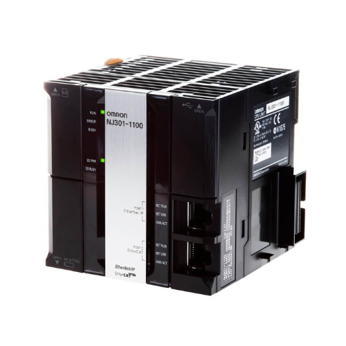Omron NJ301-1100 machine automation controller with 4-axis motion, EtherCAT/EtherNet/IP, and 2MB memory for high-speed control.