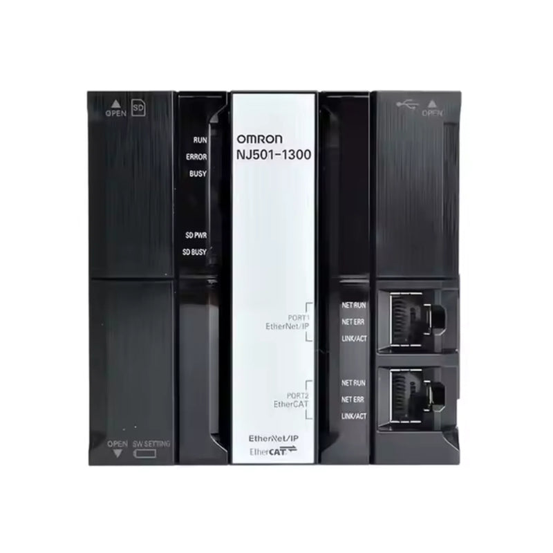 Omron NJ501-1300 machine automation controller with 16-axis motion control, OPC UA support, and EtherCAT/EtherNet/IP connectivity.