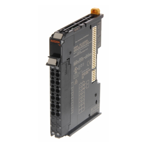 Omron NX-AD3204 4-channel analog input unit with 4–20 mA input range, 13-bit resolution, and push-in terminals for NX-Series I/O systems.