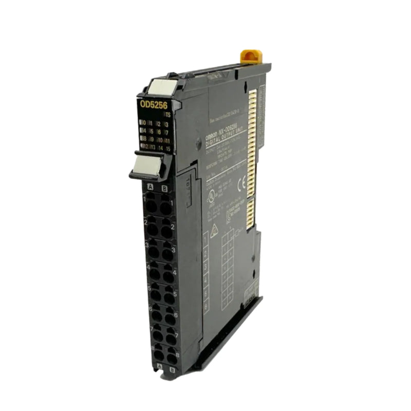 Omron NX-OD5256 digital output module with 16 PNP outputs, 24 VDC, 0.5 A per channel, and screwless push-in terminals for industrial automation systems.