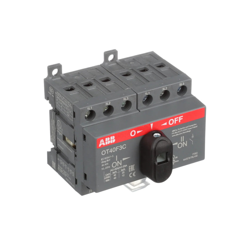 ABB OT40F3C, front-operated, 3-pole switch-disconnector, door-mounted for industrial use, ensuring safety.