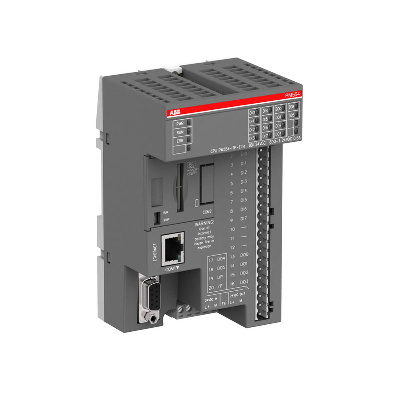 Compact 12 input, 8 output, 2 analog input ABB PM554-TP-ETH with Ethernet for seamless small automation applications.
