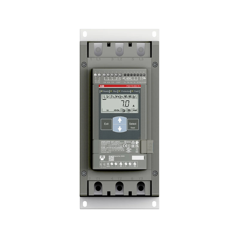 Compact 170 A ABB softstarter with builtin bypass, 600 V, efficient motor control in industrial settings.