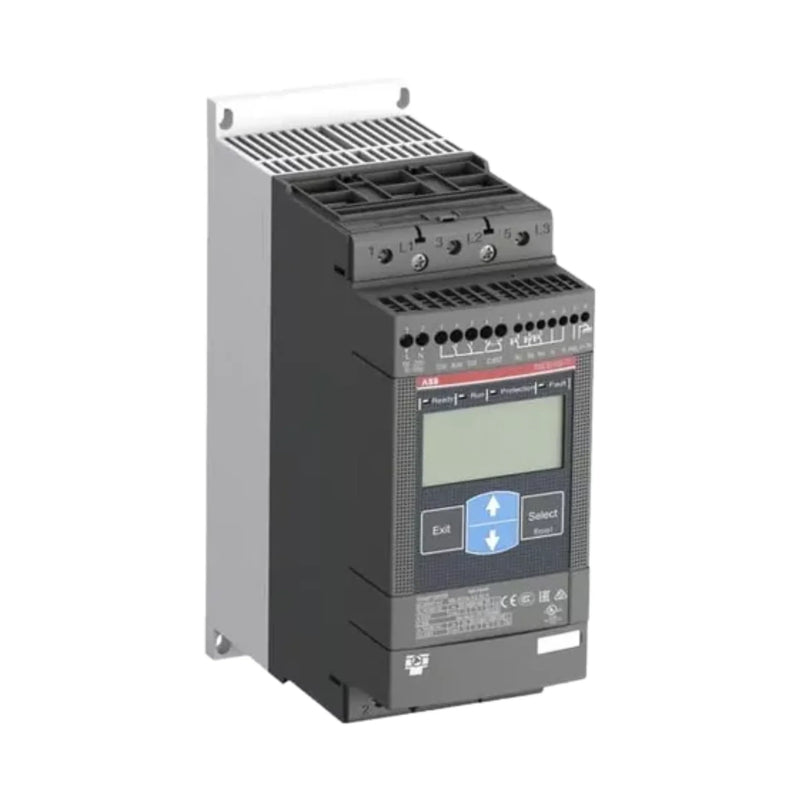 Efficient ABB PSE60-600-70 soft starter, motor protection, 60A, 208-600V, industrial use, AC/DC control, energy optimization.